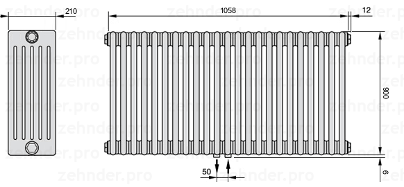 Схема (чертеж) Радиатор Zehnder Charleston 6090/23 №5410 Белый глянцевый RAL 9016